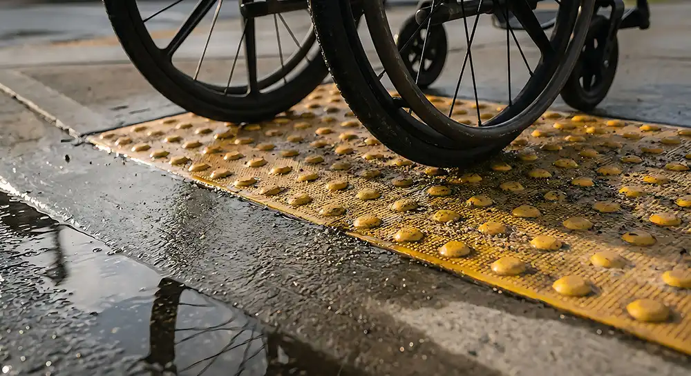 Close-up of a wheelchair wheel on a textured yellow tactile paving mat, with water pooling nearby on the ground.